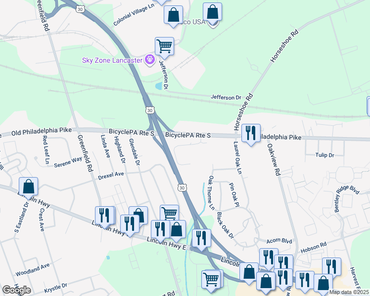map of restaurants, bars, coffee shops, grocery stores, and more near 45 Midway Farms Lane in Lancaster