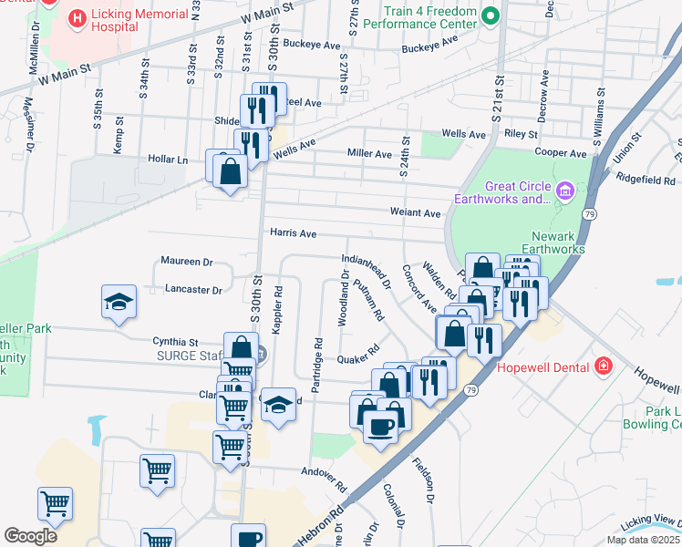 map of restaurants, bars, coffee shops, grocery stores, and more near 497 Woodland Drive in Heath
