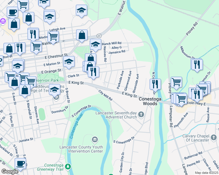 map of restaurants, bars, coffee shops, grocery stores, and more near 1105 East King Street in Lancaster