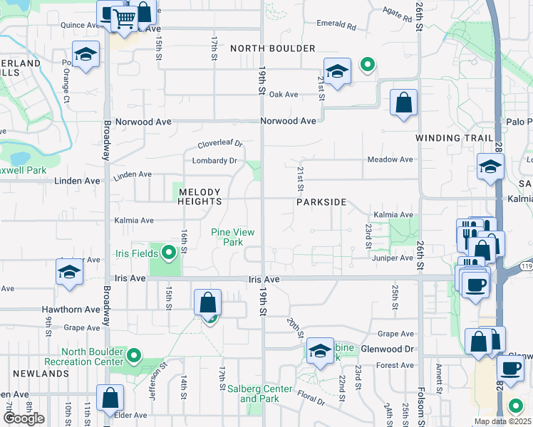 map of restaurants, bars, coffee shops, grocery stores, and more near 3575 19th Street in Boulder