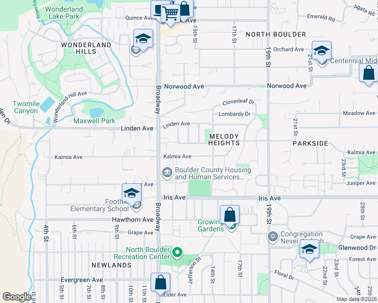 map of restaurants, bars, coffee shops, grocery stores, and more near 1415 Kalmia Avenue in Boulder