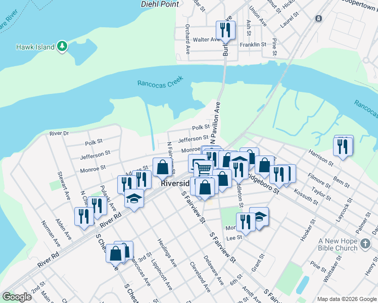 map of restaurants, bars, coffee shops, grocery stores, and more near 128 Madison Street in Riverside