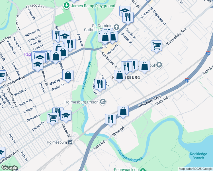 map of restaurants, bars, coffee shops, grocery stores, and more near 4624 Solly Avenue in Philadelphia