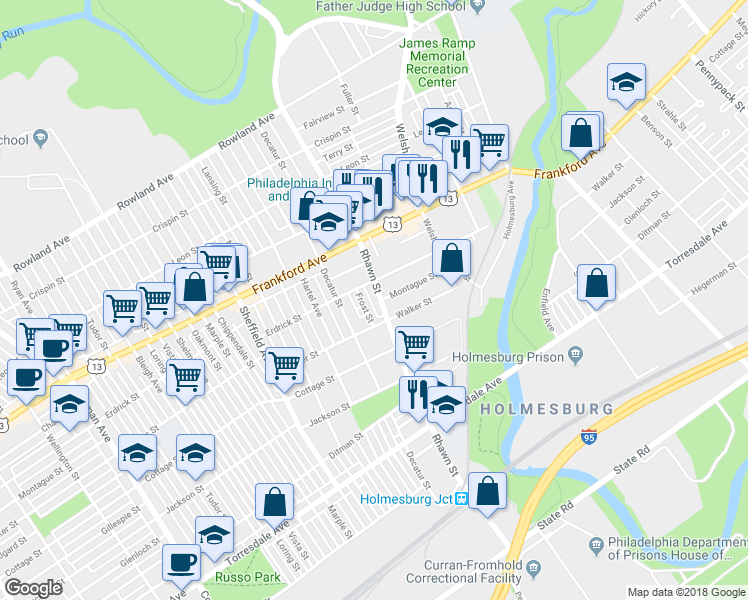 map of restaurants, bars, coffee shops, grocery stores, and more near 4223 Rhawn Street in Philadelphia