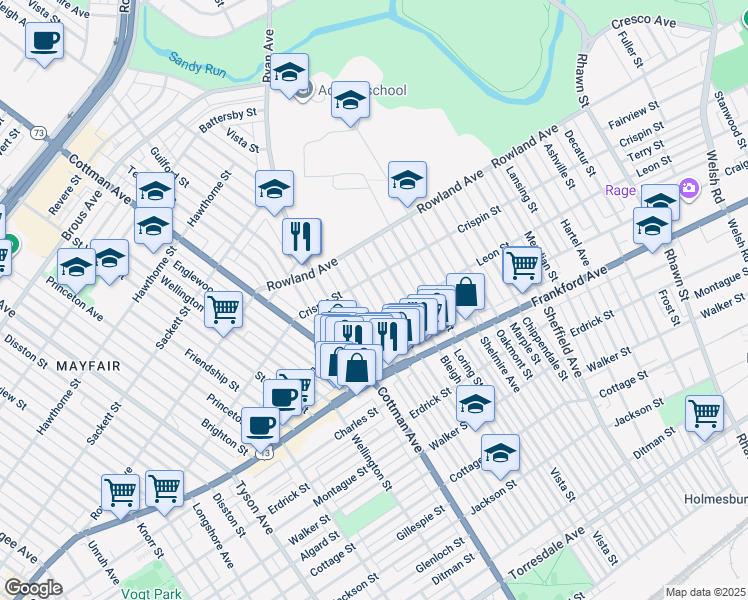 map of restaurants, bars, coffee shops, grocery stores, and more near 3426 Tudor Street in Philadelphia