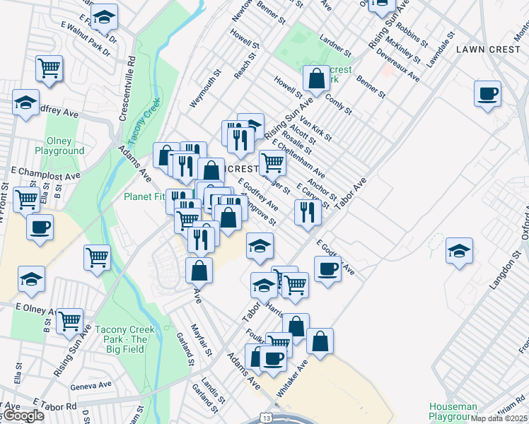 map of restaurants, bars, coffee shops, grocery stores, and more near 563 Allengrove Street in Philadelphia