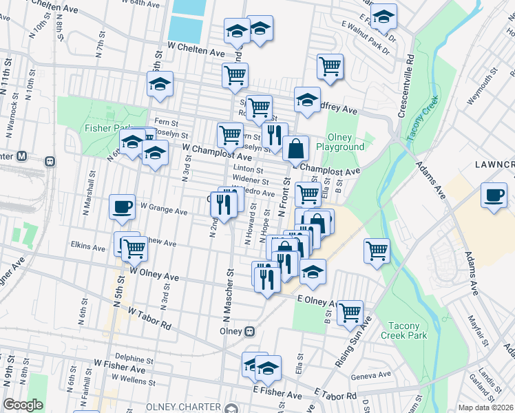 map of restaurants, bars, coffee shops, grocery stores, and more near 5846 North Hope Street in Philadelphia