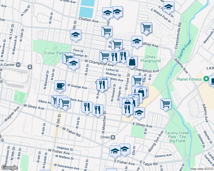 map of restaurants, bars, coffee shops, grocery stores, and more near 5837 North Mascher Street in Philadelphia
