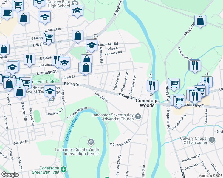 map of restaurants, bars, coffee shops, grocery stores, and more near 5 Parkside Avenue in Lancaster
