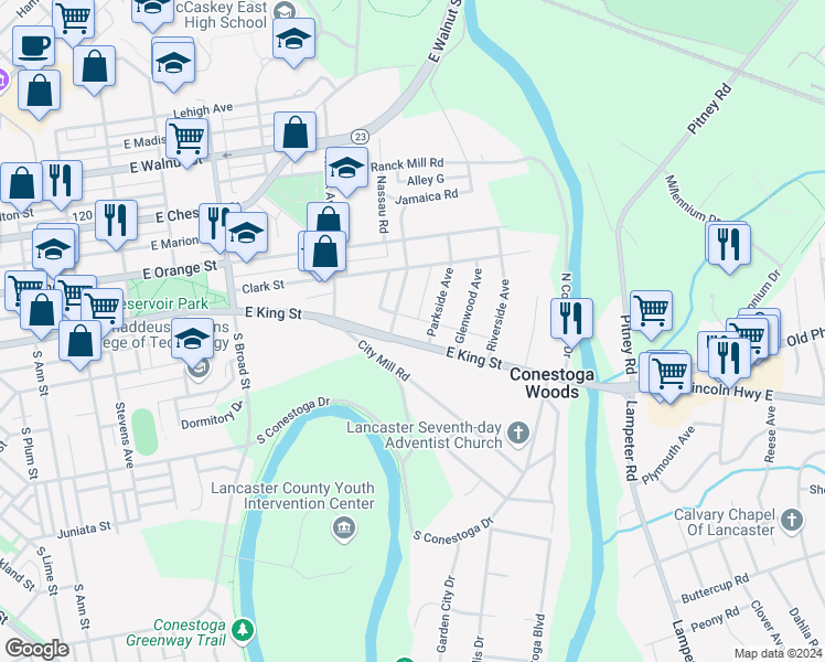 map of restaurants, bars, coffee shops, grocery stores, and more near 1105 East King Street in Lancaster