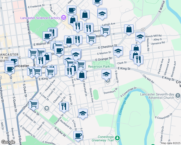 map of restaurants, bars, coffee shops, grocery stores, and more near 648 East King Street in Lancaster