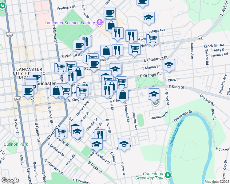 map of restaurants, bars, coffee shops, grocery stores, and more near 515 East King Street in Lancaster