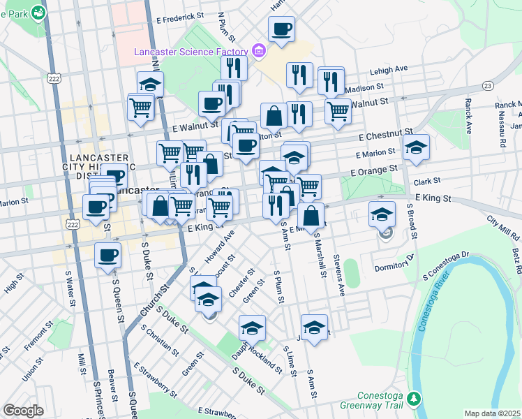 map of restaurants, bars, coffee shops, grocery stores, and more near 439 East King Street in Lancaster