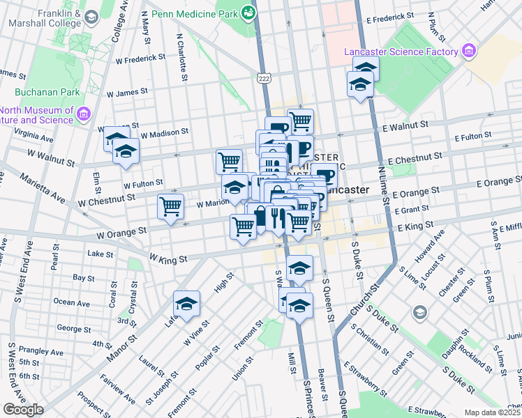 map of restaurants, bars, coffee shops, grocery stores, and more near 223 West Orange Street in Lancaster