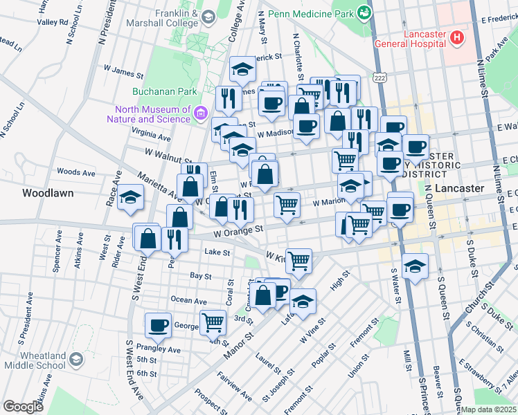 map of restaurants, bars, coffee shops, grocery stores, and more near 544 West Mill Avenue in Lancaster