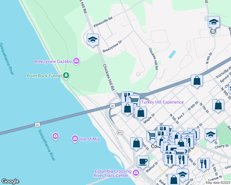 map of restaurants, bars, coffee shops, grocery stores, and more near North 3rd Street in Columbia