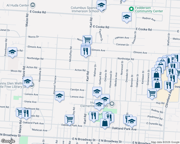 map of restaurants, bars, coffee shops, grocery stores, and more near 3574 Karl Road in Columbus