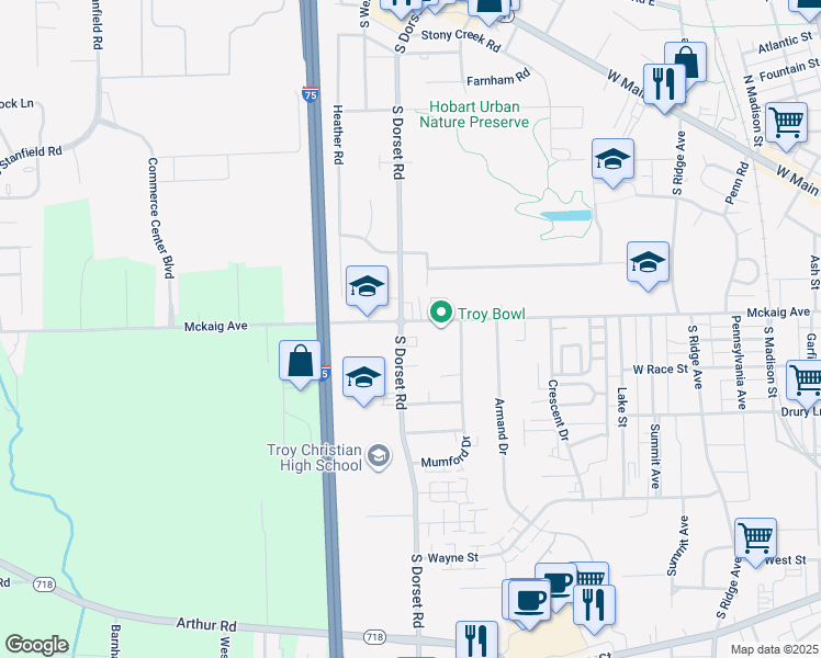 map of restaurants, bars, coffee shops, grocery stores, and more near 1580 Mckaig Avenue in Troy
