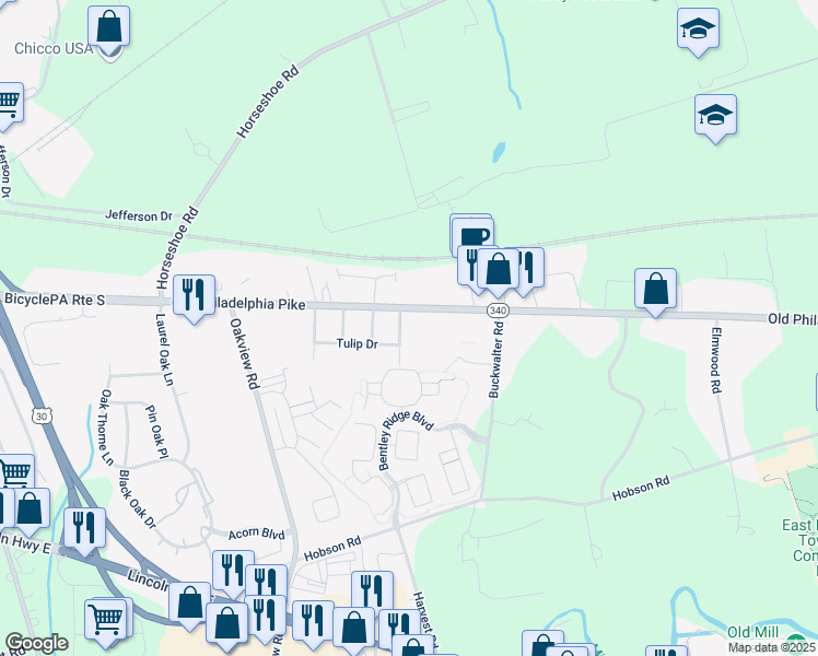 map of restaurants, bars, coffee shops, grocery stores, and more near 2174 Old Philadelphia Pike in Lancaster
