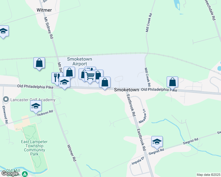 map of restaurants, bars, coffee shops, grocery stores, and more near 2483 Old Philadelphia Pike in Lancaster