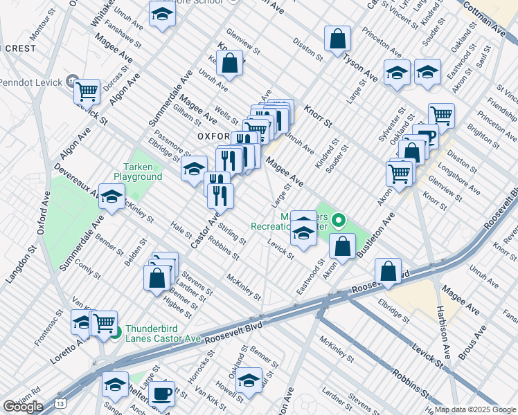 map of restaurants, bars, coffee shops, grocery stores, and more near 1449 Elbridge Street in Philadelphia
