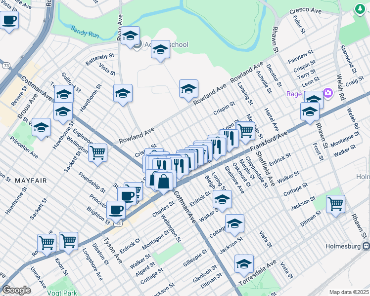 map of restaurants, bars, coffee shops, grocery stores, and more near 3442 Bleigh Avenue in Philadelphia