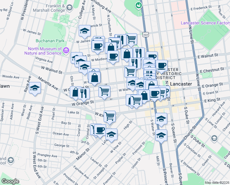 map of restaurants, bars, coffee shops, grocery stores, and more near 423 West Marion Street in Lancaster