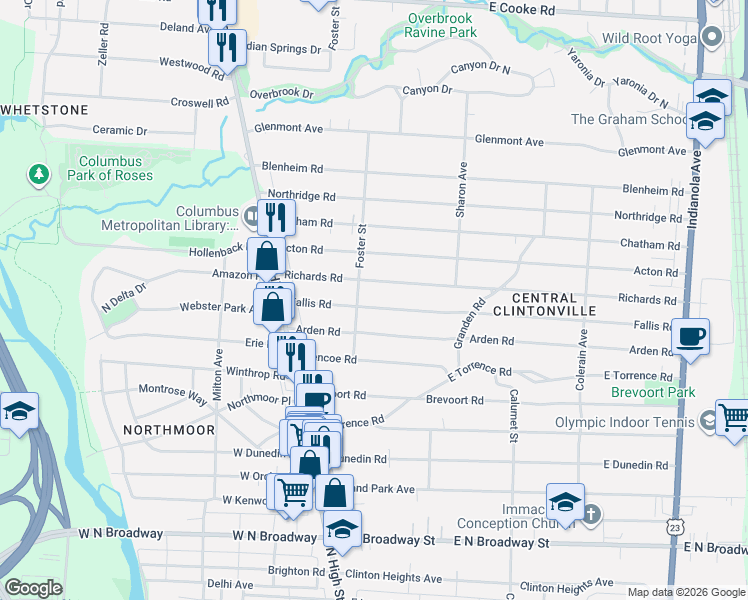 map of restaurants, bars, coffee shops, grocery stores, and more near 116 Fallis Road in Columbus