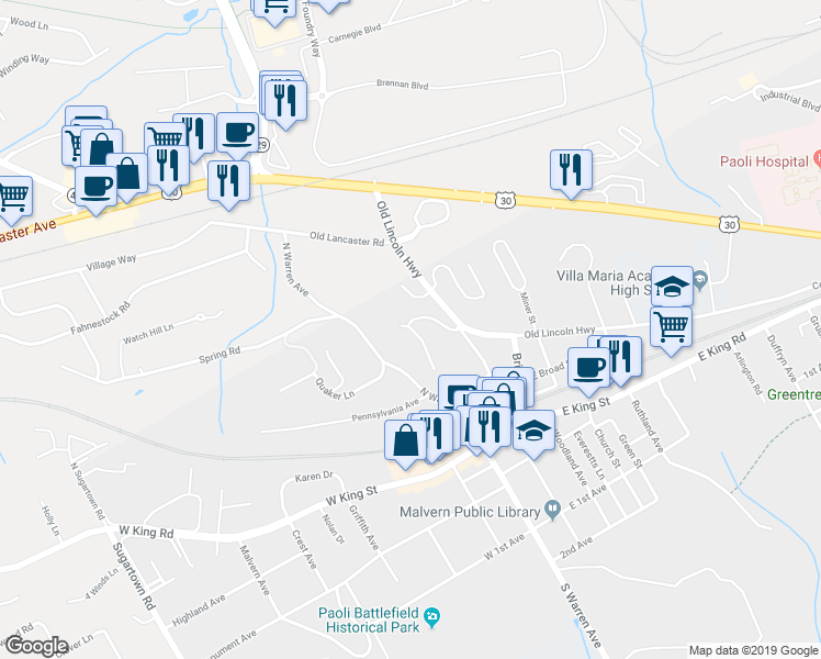 map of restaurants, bars, coffee shops, grocery stores, and more near 105 Margaret Lane in Malvern
