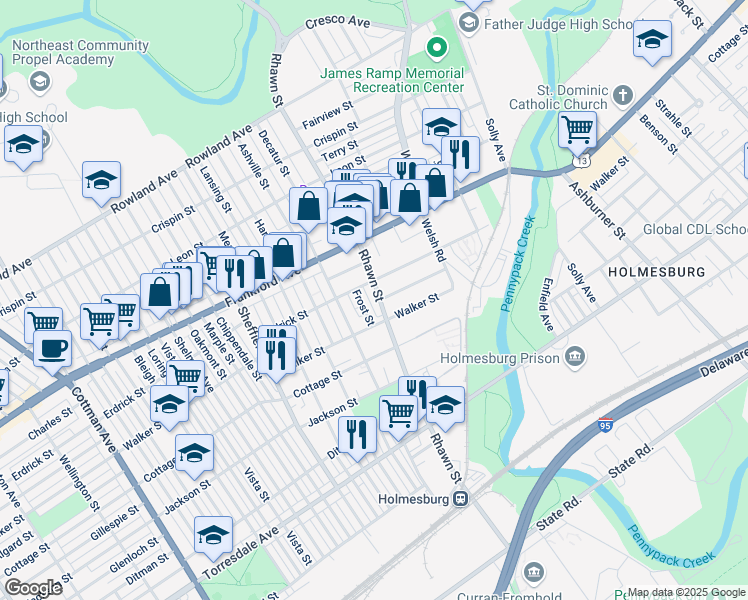 map of restaurants, bars, coffee shops, grocery stores, and more near 4222 Rhawn Street in Philadelphia