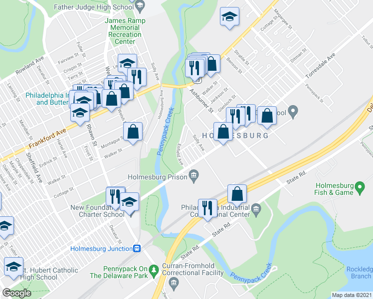 map of restaurants, bars, coffee shops, grocery stores, and more near 4601 Kraydor Street in Philadelphia