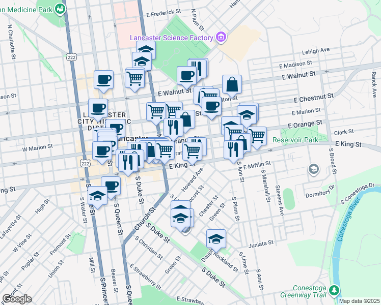 map of restaurants, bars, coffee shops, grocery stores, and more near 23 North Shippen Street in Lancaster