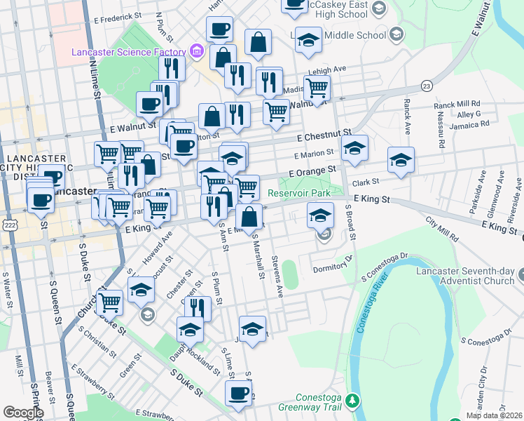 map of restaurants, bars, coffee shops, grocery stores, and more near 618 East King Street in Lancaster