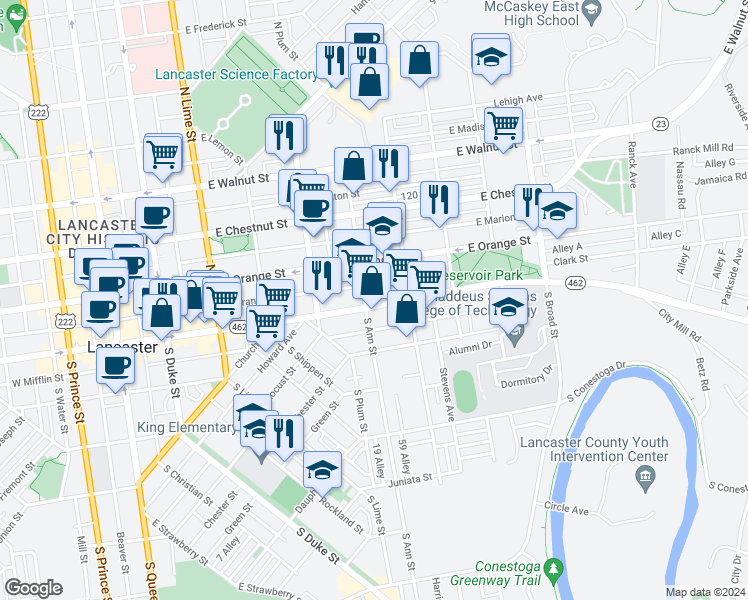 map of restaurants, bars, coffee shops, grocery stores, and more near 509 East King Street in Lancaster