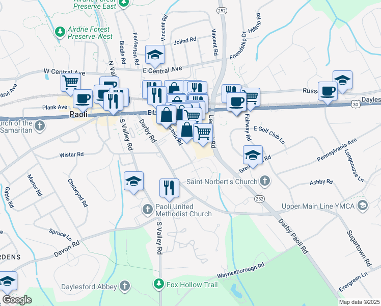 map of restaurants, bars, coffee shops, grocery stores, and more near 83 Chestnut Road in Paoli