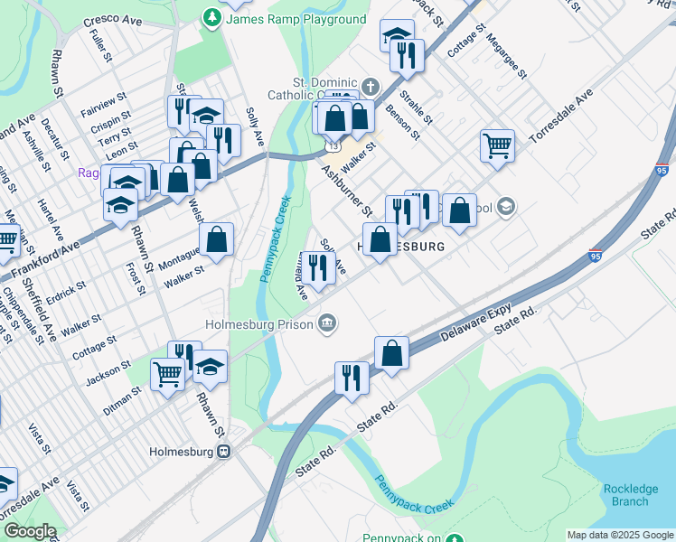map of restaurants, bars, coffee shops, grocery stores, and more near 4624 Solly Avenue in Philadelphia