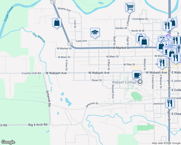 map of restaurants, bars, coffee shops, grocery stores, and more near 1104 West Wabash Avenue in Crawfordsville
