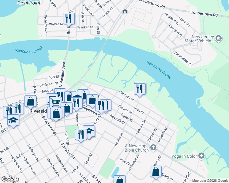 map of restaurants, bars, coffee shops, grocery stores, and more near 324 Harrison Street in Riverside