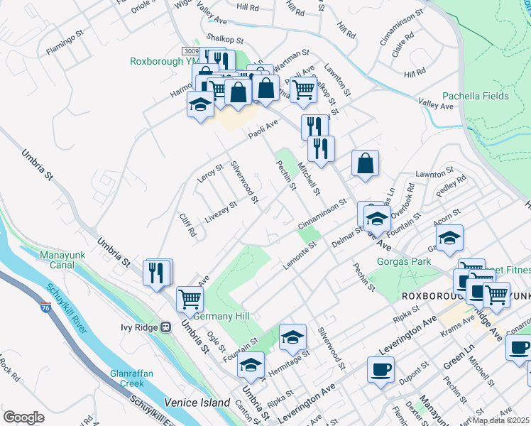 map of restaurants, bars, coffee shops, grocery stores, and more near 302 Ginger Lane in Philadelphia