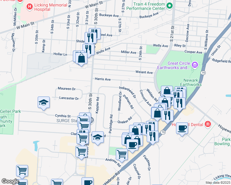 map of restaurants, bars, coffee shops, grocery stores, and more near 497 Woodland Drive in Heath