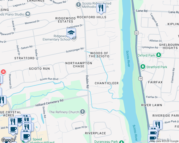map of restaurants, bars, coffee shops, grocery stores, and more near 3195 Scioto Estates Court in Columbus