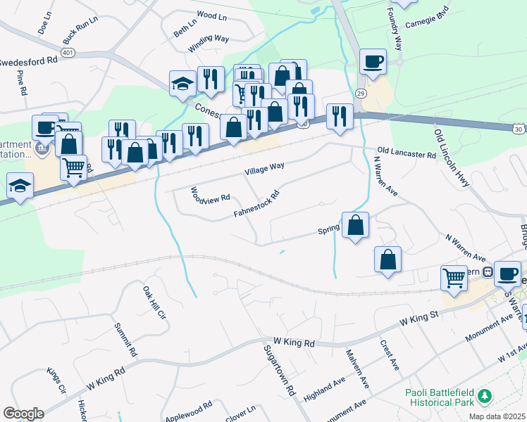 map of restaurants, bars, coffee shops, grocery stores, and more near 38 Fahnestock Road in Malvern