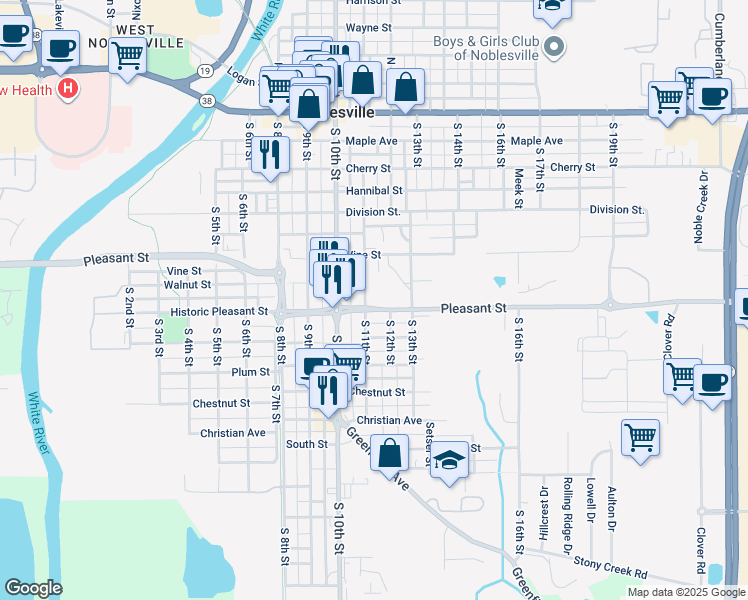map of restaurants, bars, coffee shops, grocery stores, and more near 1180 Pleasant Street in Noblesville