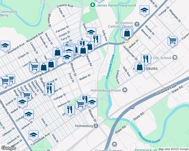 map of restaurants, bars, coffee shops, grocery stores, and more near 8063 Walker Street in Philadelphia
