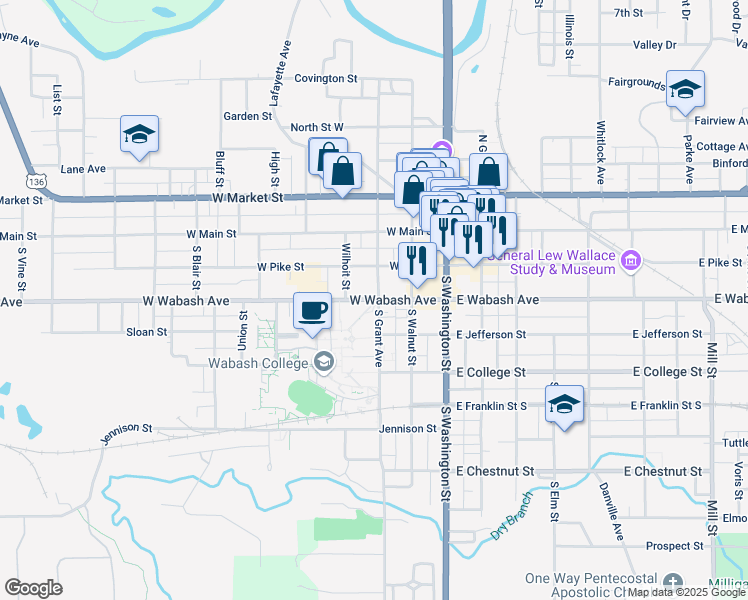 map of restaurants, bars, coffee shops, grocery stores, and more near 314 West Wabash Avenue in Crawfordsville