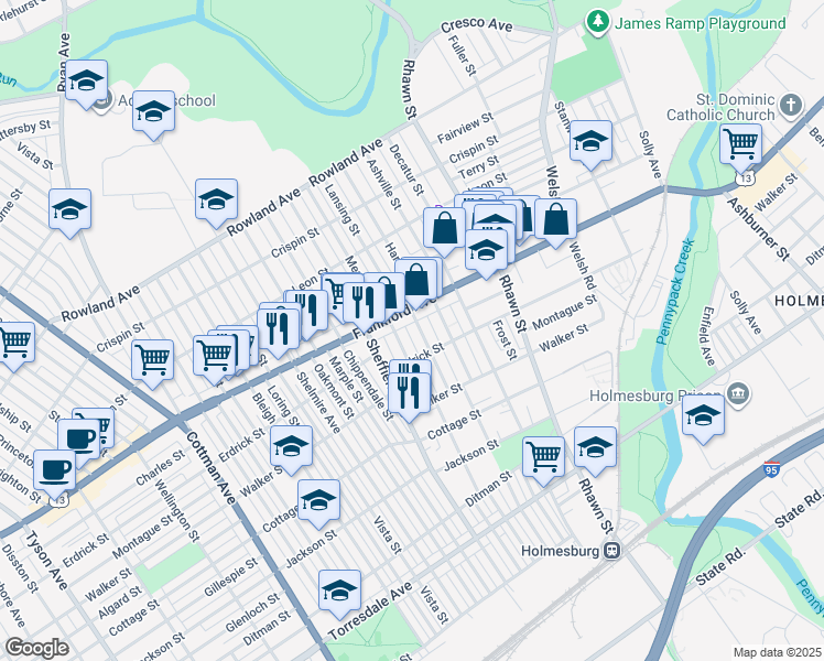 map of restaurants, bars, coffee shops, grocery stores, and more near 4014 Lansing Street in Philadelphia