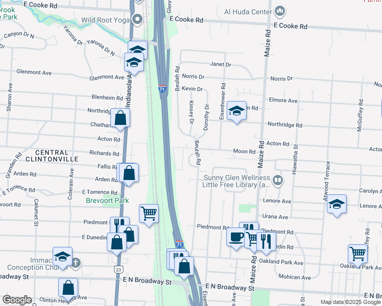 map of restaurants, bars, coffee shops, grocery stores, and more near 3655 Beulah Circle in Columbus