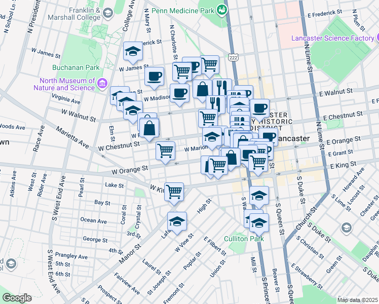 map of restaurants, bars, coffee shops, grocery stores, and more near 119 1/2 North Charlotte Street in Lancaster