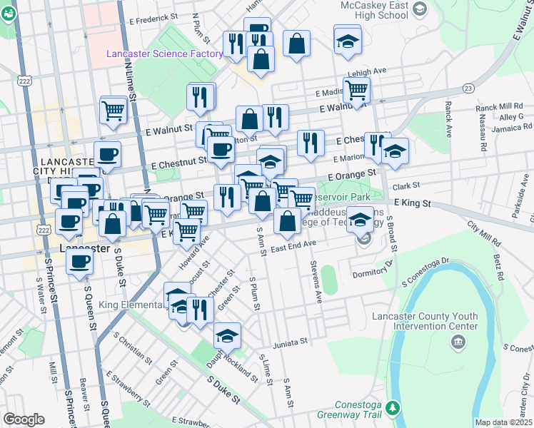 map of restaurants, bars, coffee shops, grocery stores, and more near 515 E King St in Lancaster
