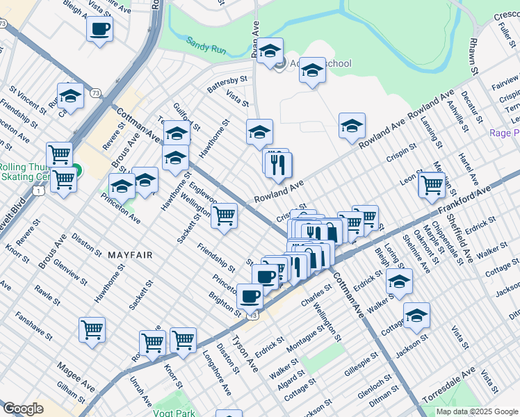 map of restaurants, bars, coffee shops, grocery stores, and more near 3317 Cottman Avenue in Philadelphia